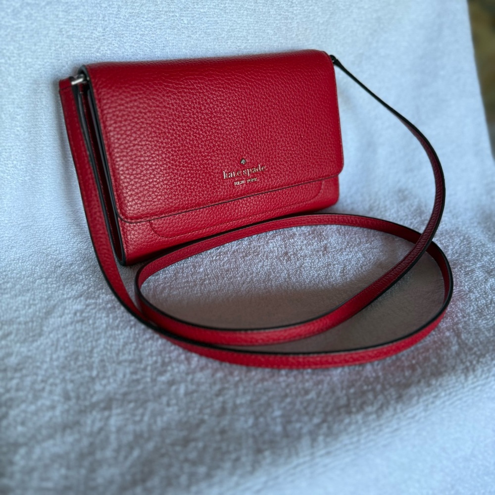 Kate Spade Harlow Wallet On A String Red Pebbled Leather Crossbody NWOT